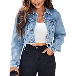 〽️Women's Light Wash Blu Floerns Cropped Denim Long Sleeve Pockets Jacket